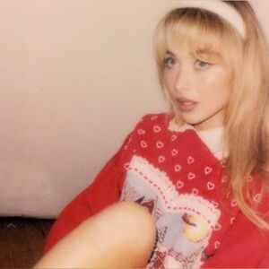 SEEN ON Sabrina Carpenter vintage red heart Christmas fruitcake sweater